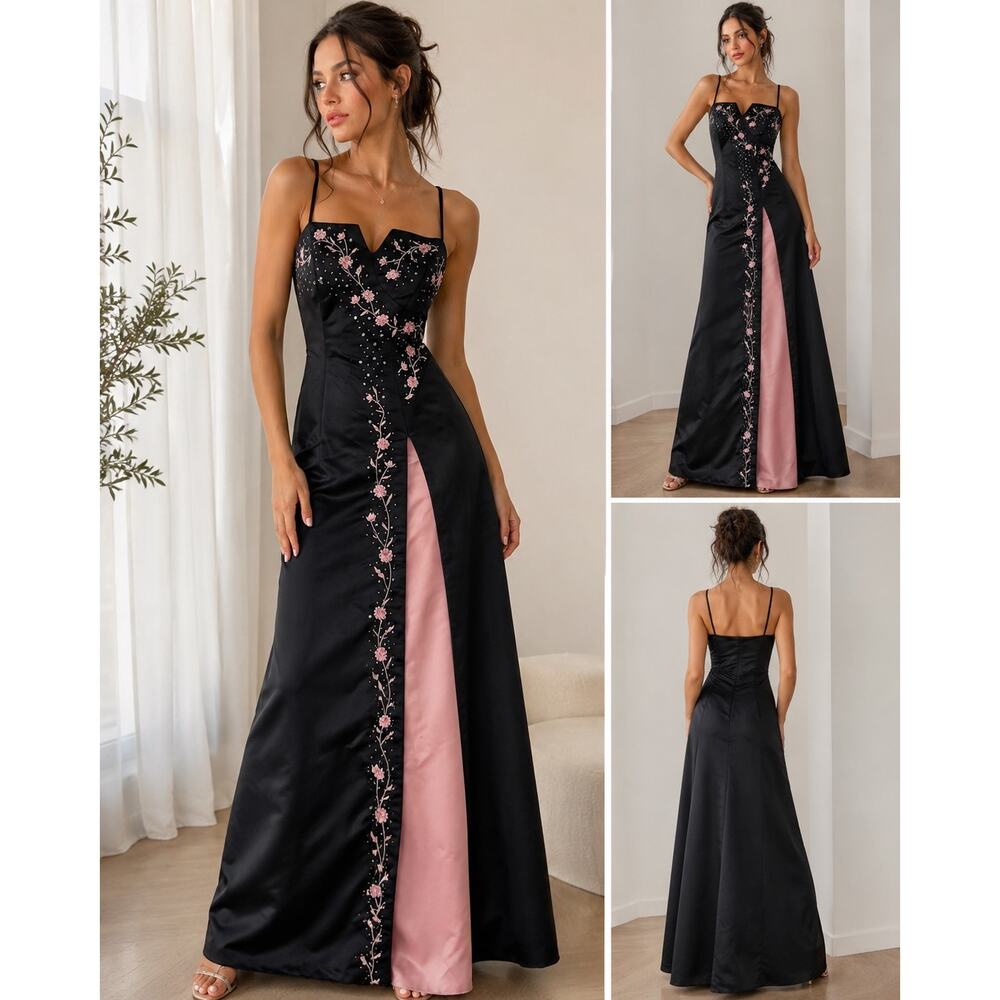 Rebecca XS Black Formal Dress Pink Floral Embroidered Prom Gown Evening Wedding